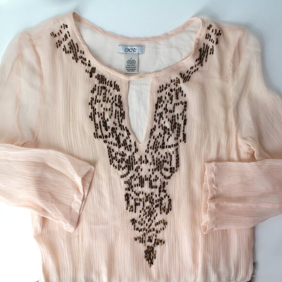 Cache size S silk sheer 3/4 sleeve embellished beaded blouse tunic top Pink - Picture 4 of 11